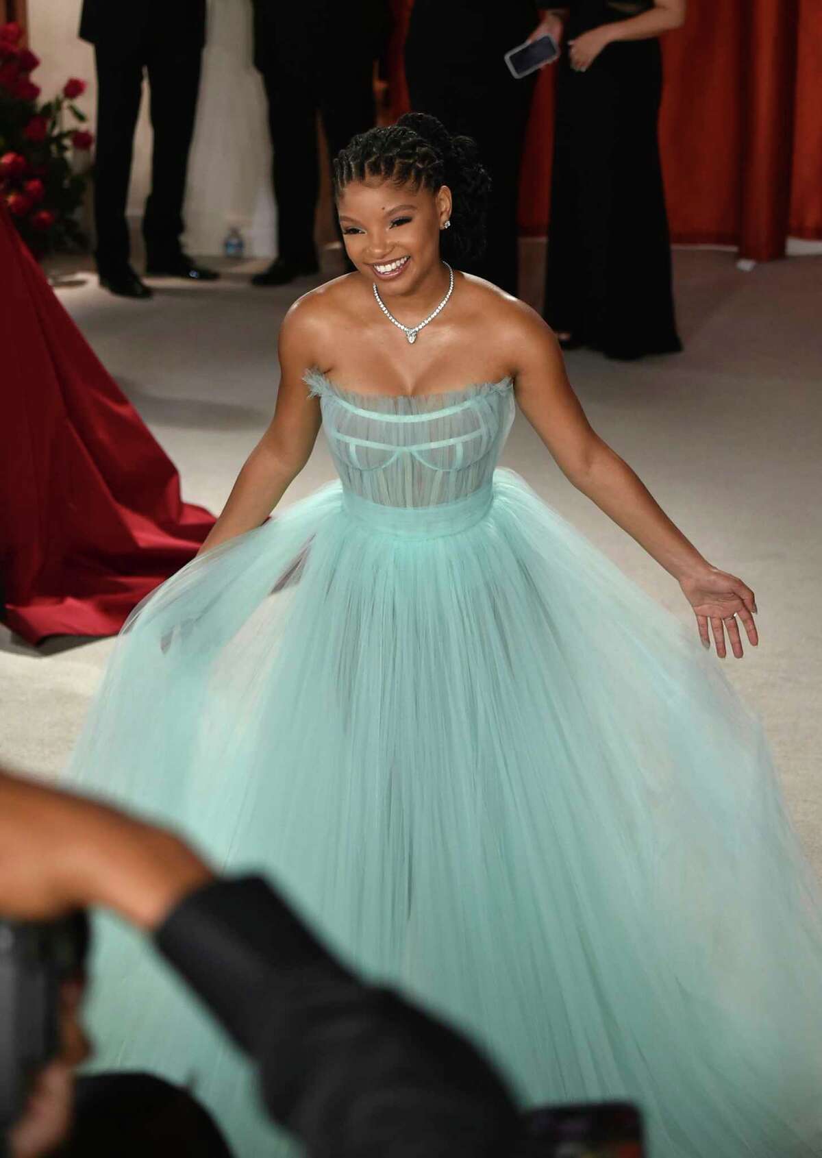 Halle Bailey arrives at the Oscars on Sunday, March 12, 2023, at the Dolby Theatre in Los Angeles. (Photo by Richard Shotwell/Invision/AP)