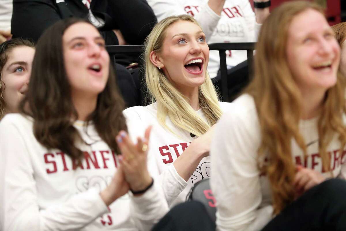 Stanford’s Cameron Brink reacts to her team’s number 1 seed during NCAA Women’s Basketball Tournament selection show watch party at Maples Pavilion in Stanford, Calif., on Sunday, March 12, 2023.
