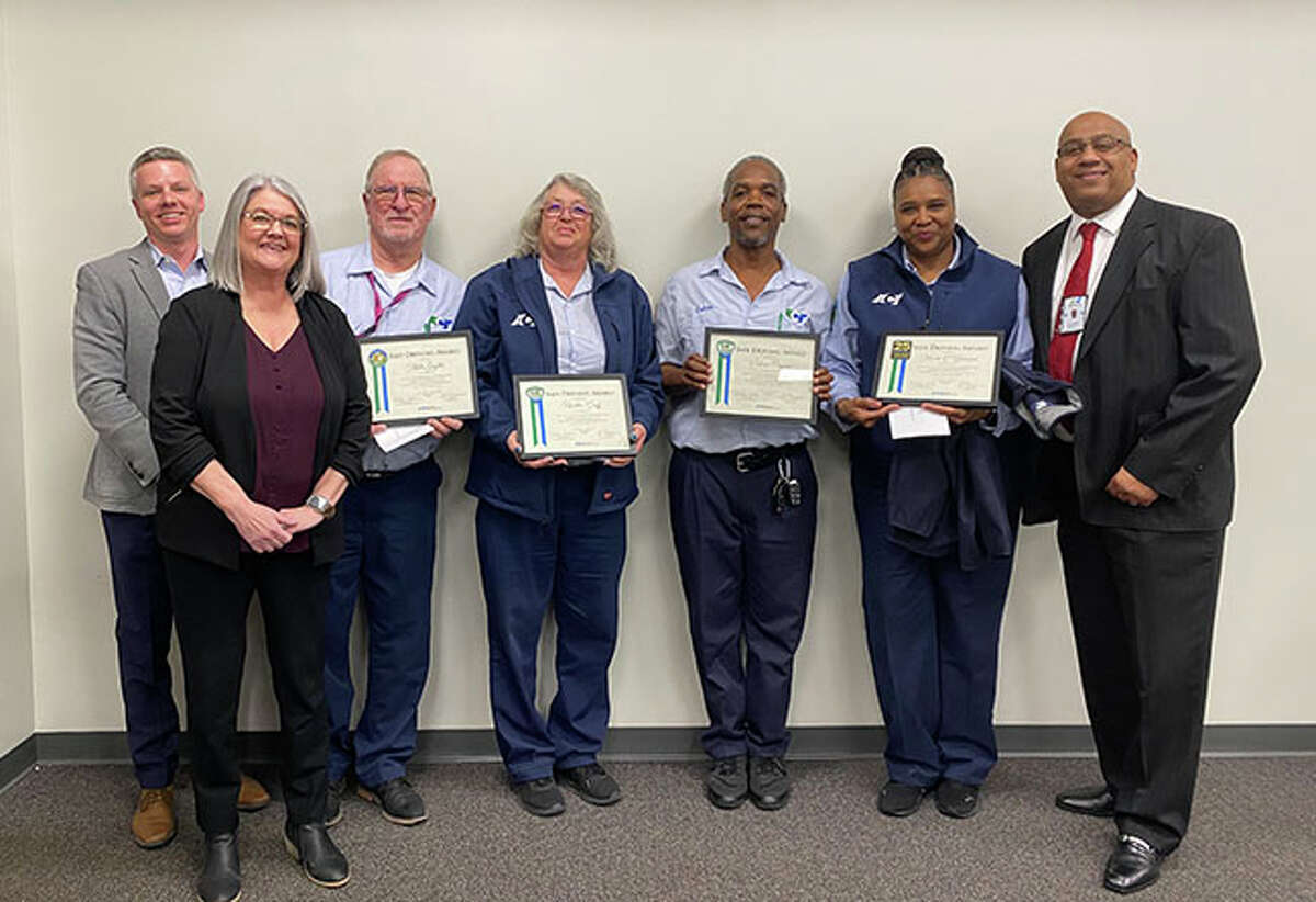 Left to right, ACT Executive Director SJ Morrison, Director of Operations Pam Ruyle, ACT Drivers Mike Saylor, Reatha Duff, Calvin Payne, and Monte O’Bannon, and Manager of Fixed Route Services Delanders Crochrell.
