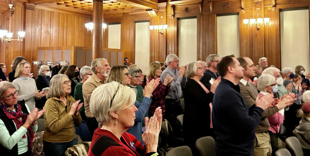 Crowd showing appreciation of Anna Olsen at event at Branford's Blackstone Library on March 6.
