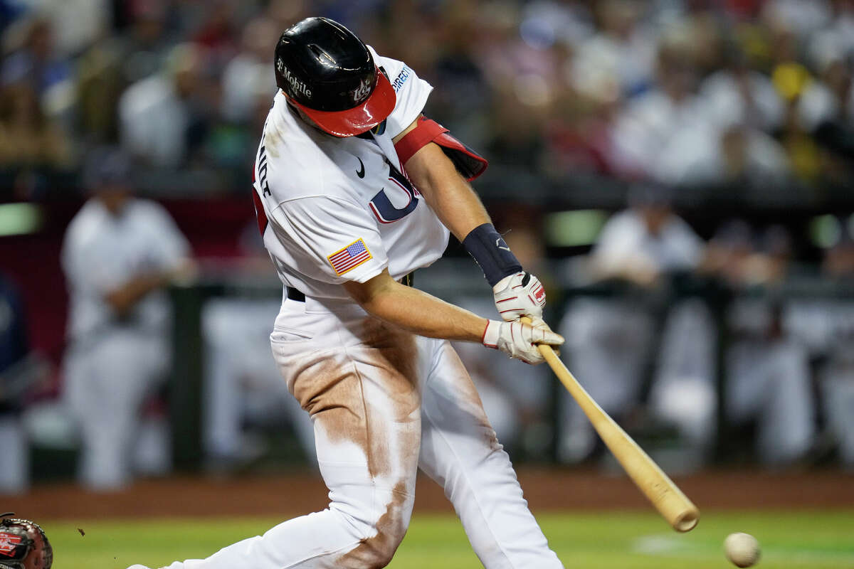 United States' Paul Goldschmidt hits a single against Great Britain during the sixth inning of a World Baseball Classic game in Phoenix, Saturday, March 11, 2023.