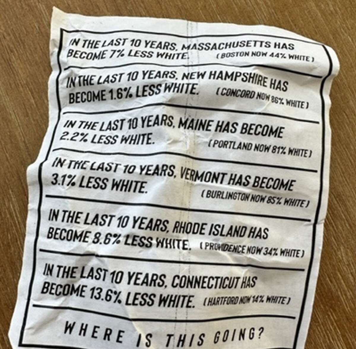 In Stamford, city officials decried flyers believed to have been left by a neo-Nazi group.