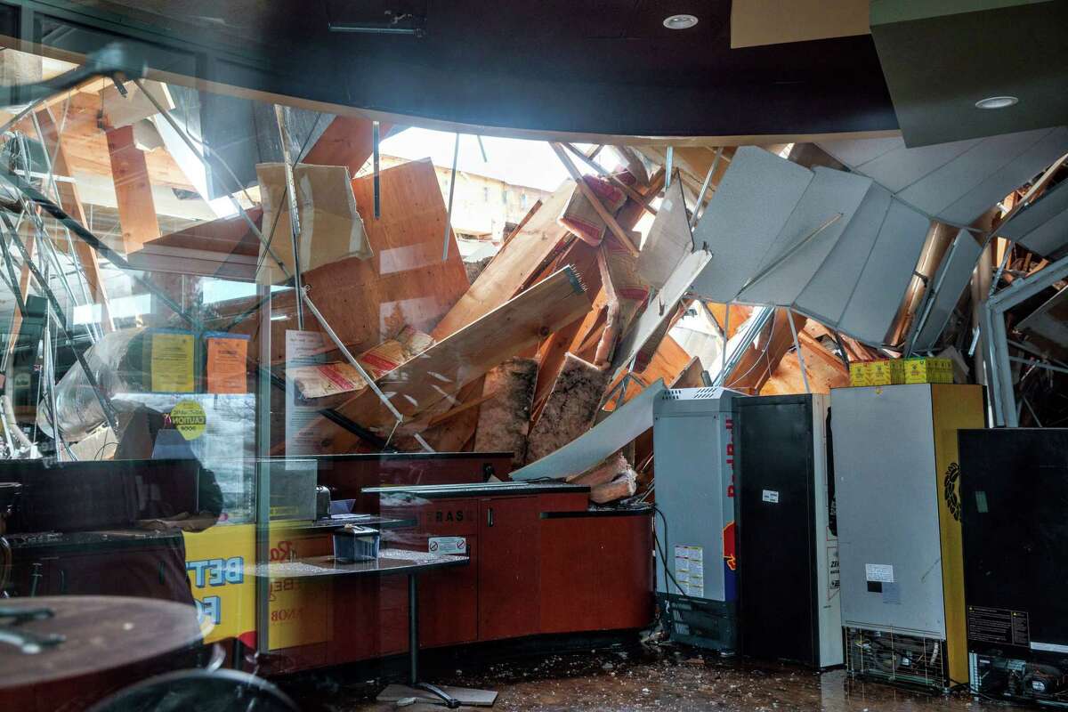 At the Raley’s grocery store in South Lake Tahoe, seen here on Sunday, the roof collapsed under the heavy snow load.