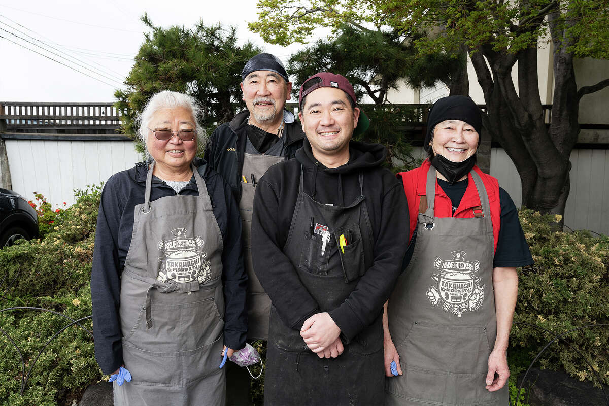 (Left to right) Phylis Takahashi, Gene Takahashi, Bobby Takahashi and Anne Takahashi at Takahashi Market in San Mateo, Calif., March 9, 2023.