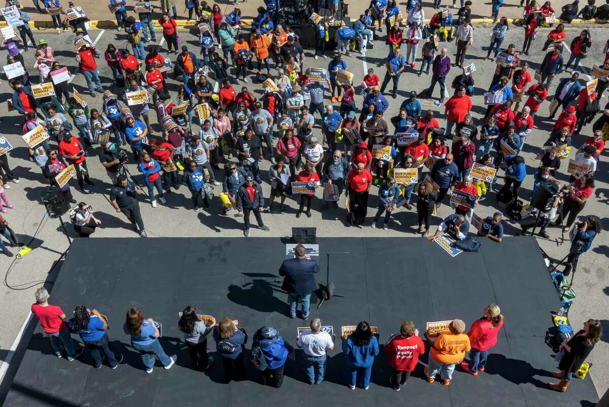 Texas educators gather on Monday, March 13, 2023, at the Texas AFL-CIO building in Austin as part of a day of rallies at the Capitol.