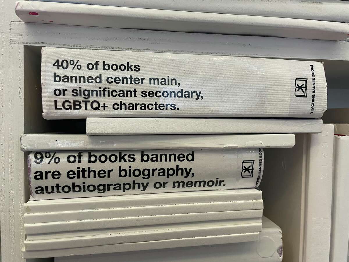 The exhibit features stark figures about book bans in America.