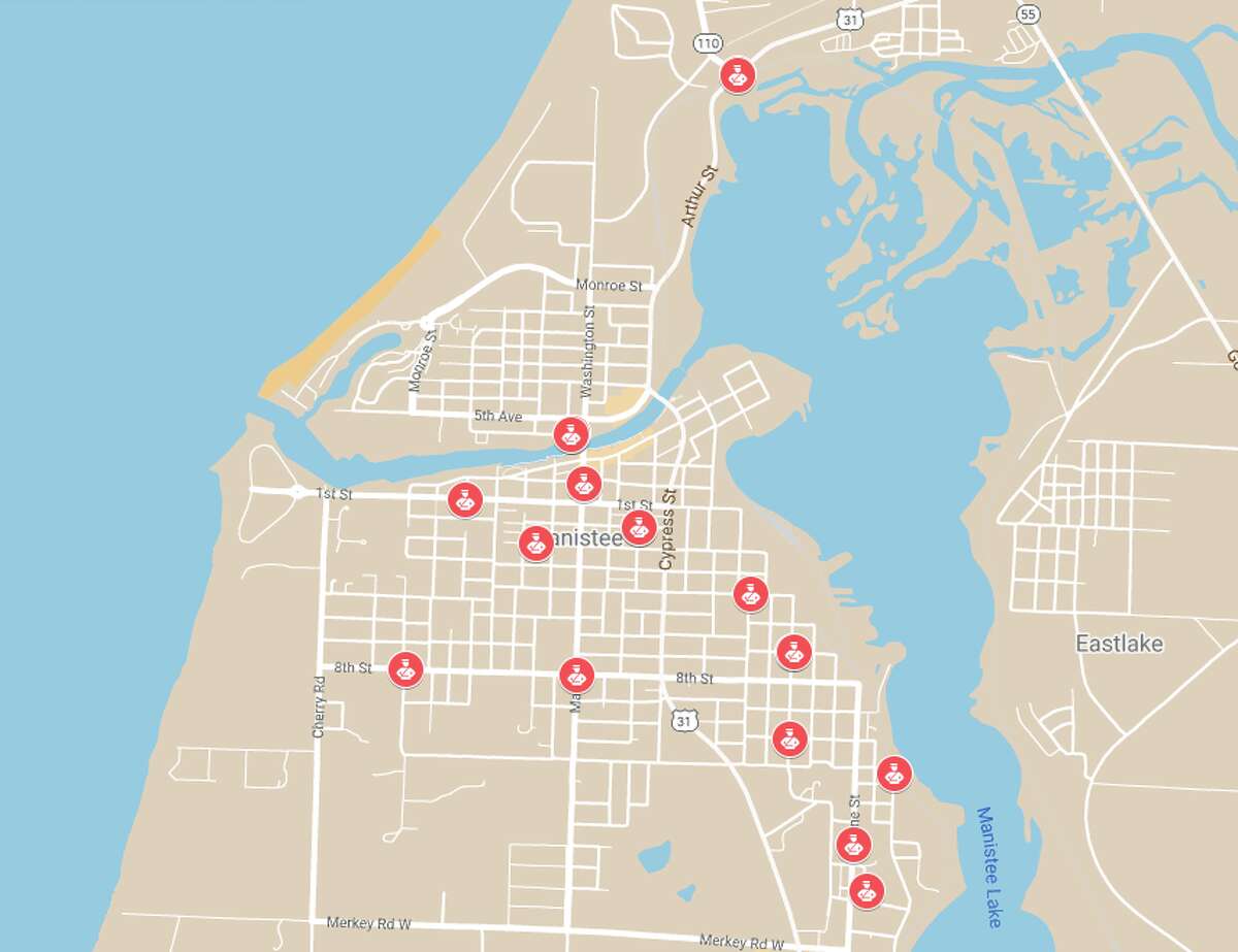 This map screenshot of the Manistee City Police blotter for March 2-12, 2023 shows the approximate block areas in the city of Manistee that police responded to calls for service. 