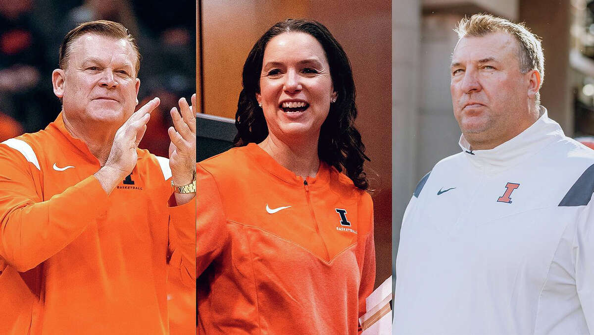 From left, Illinois men's basketball coach Brad Underwood, left, women's basketball coach Shauna Green and football coach Bret Bielema. Illinois is one of only 14 schools to make a football bowl game as well as the men's and women's NCAA tournaments in the 2022-23 school year.
