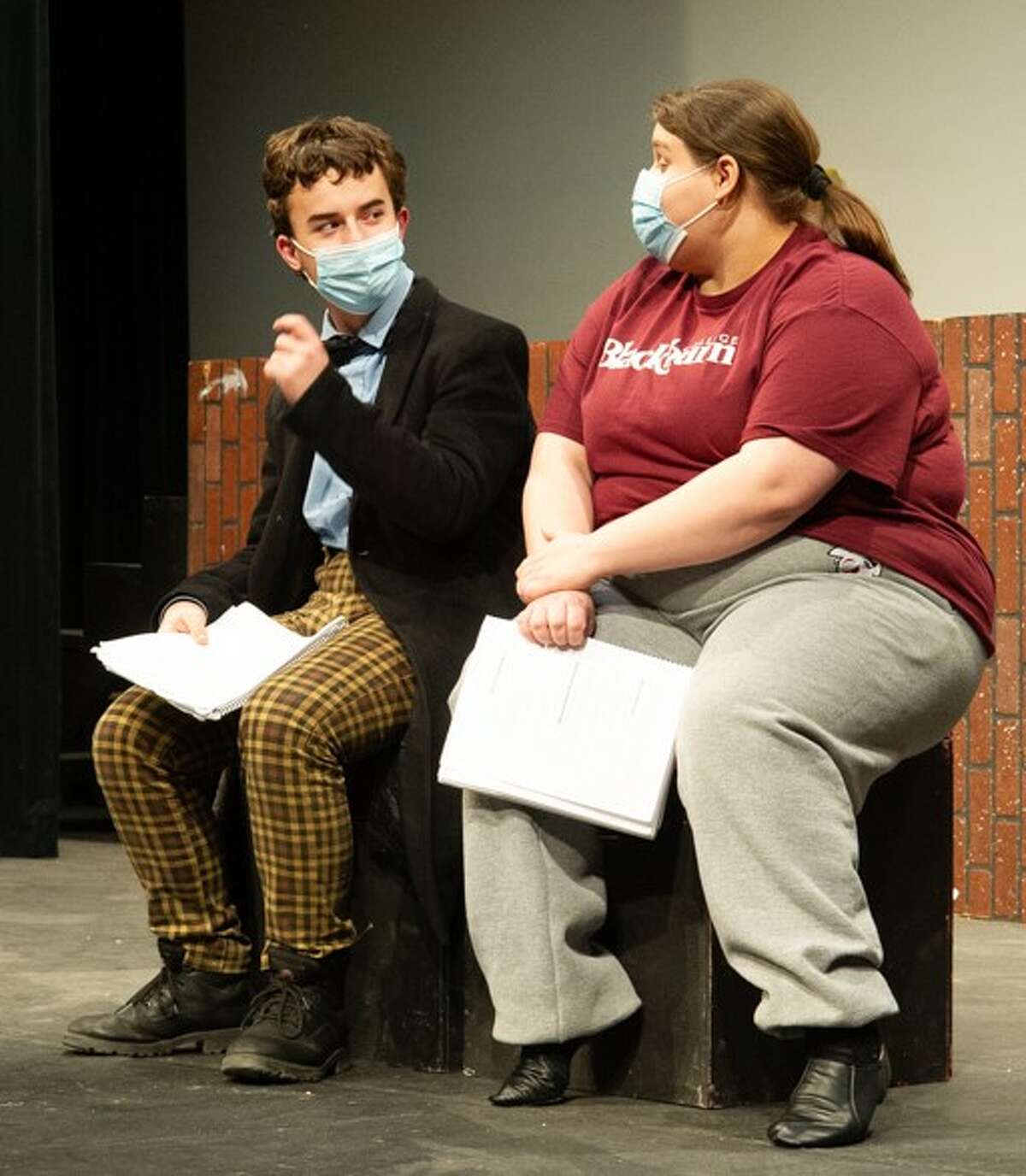 Kanyon Garrison, left, and Samantha Cox prepare for the Blackburn College Department of Music & Theatre's presentation of “You’re a Good Man, Charlie Brown” in Bothwell Auditorium March 31-April 2.