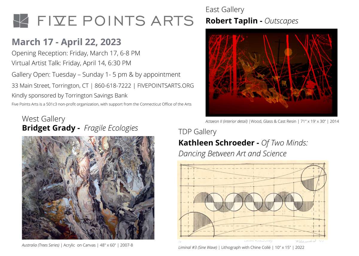 Torrington's Five Points Gallery presents three new shows at its space on Main Street, with an opening reception set for Friday, March 17. The public is welcome and all gallery events are free of charge. 