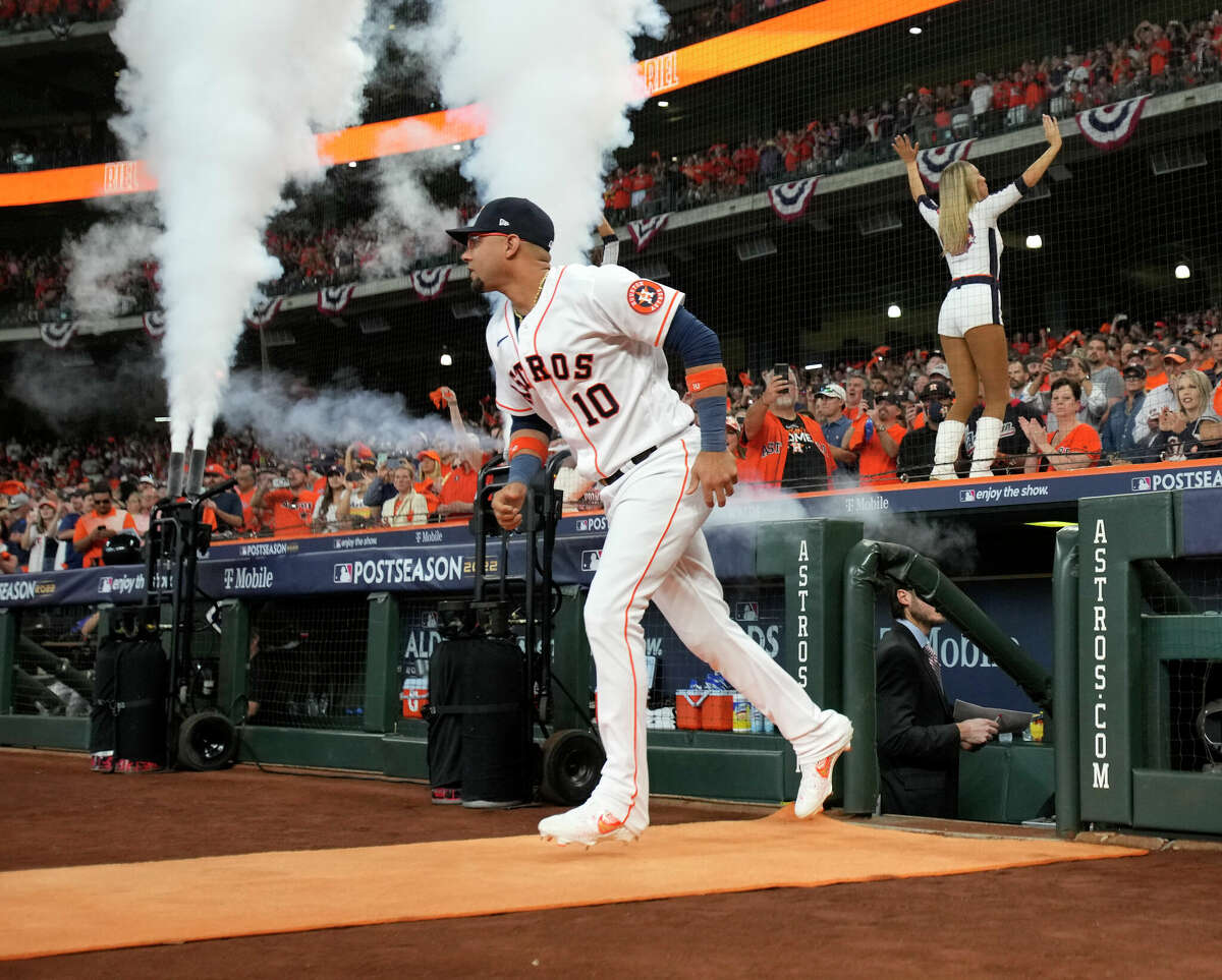 Houston Astros first baseman Yuli Gurriel (10) is announced before Game 1 of the American League Division Series at Minute Maid Park on Tuesday, Oct. 11, 2022, in Houston.