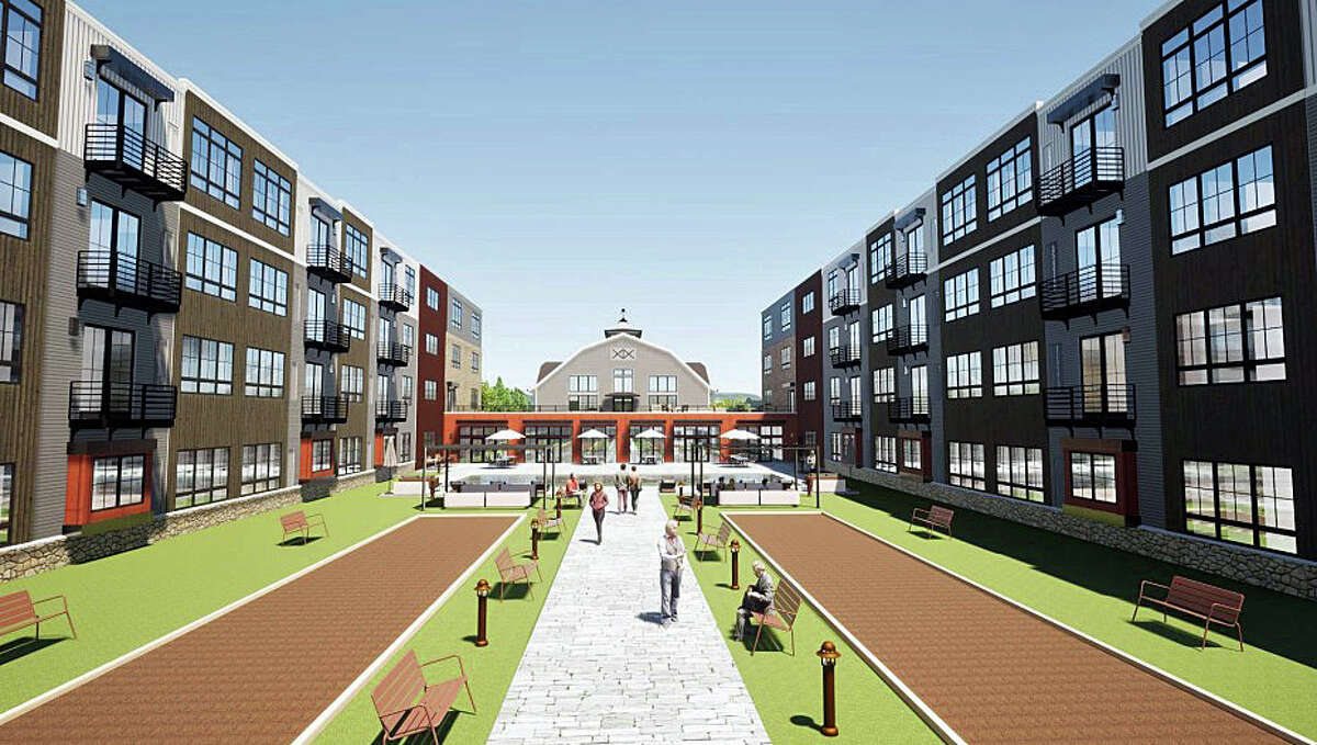 A rendering of a 170-unit apartment development for seniors proposed on Commerce Road in Newtown by a Greenwich developer. 