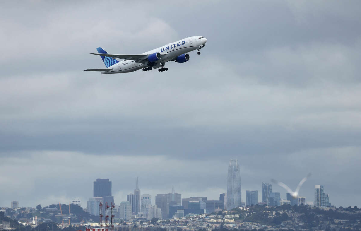 A United Airlines plane takes off from San Francisco International Airport on March 13, 2023, in San Francisco.