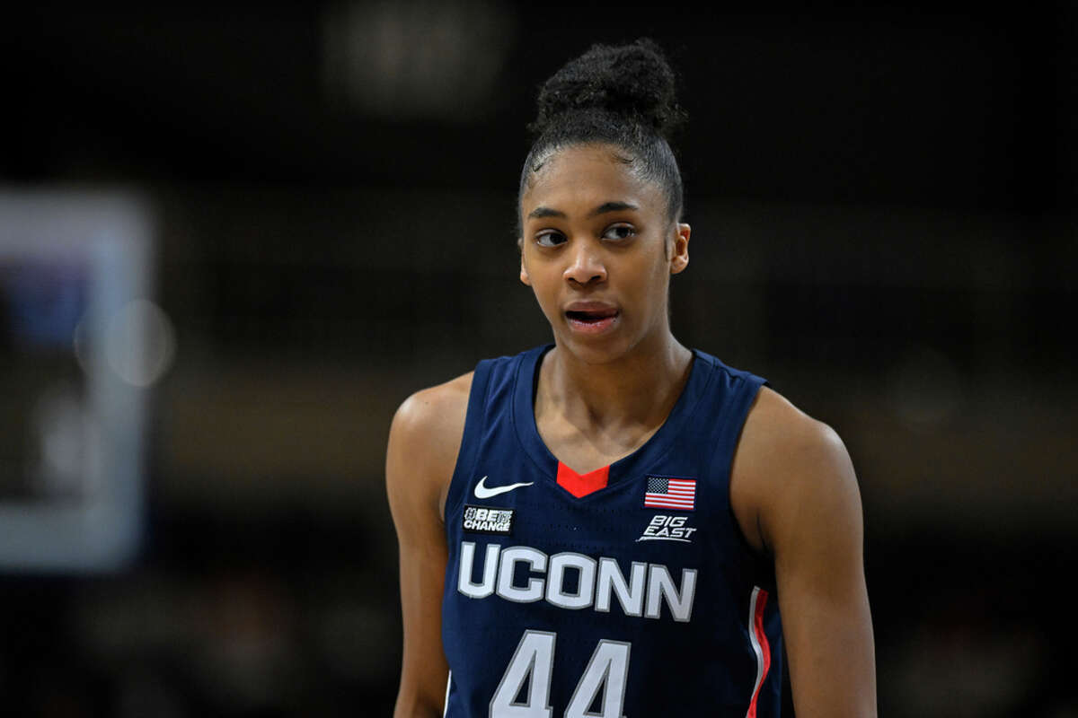 UConn forward Aubrey Griffin (44) looks on during the second half of an NCAA college basketball game against Georgetown, Saturday, Feb. 11, 2023, in Washington. (AP Photo/Terrance Williams)