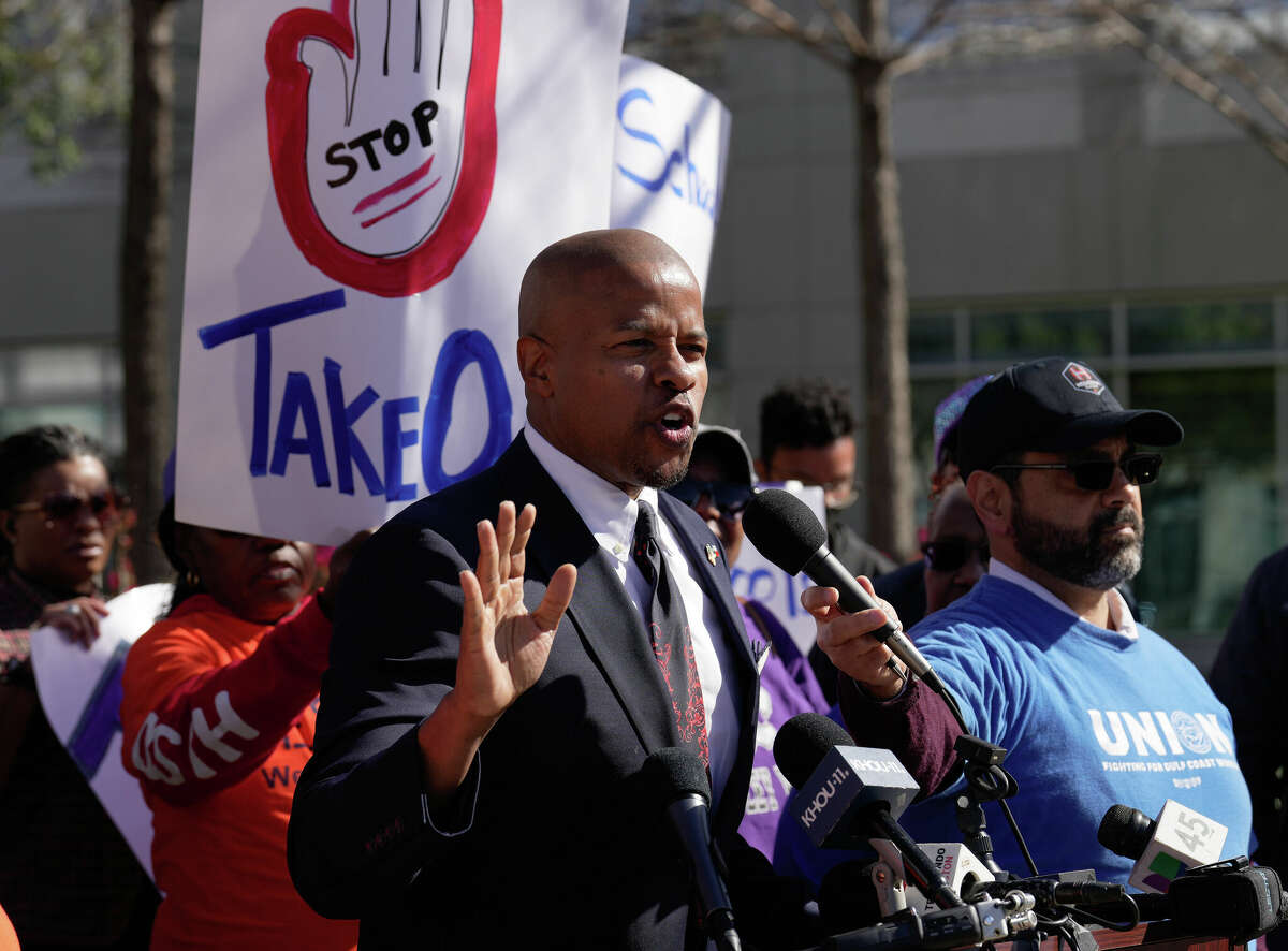 Rep. Ron Reynolds speaks during a protest against TEA takeover of HISD on Friday, March 3.