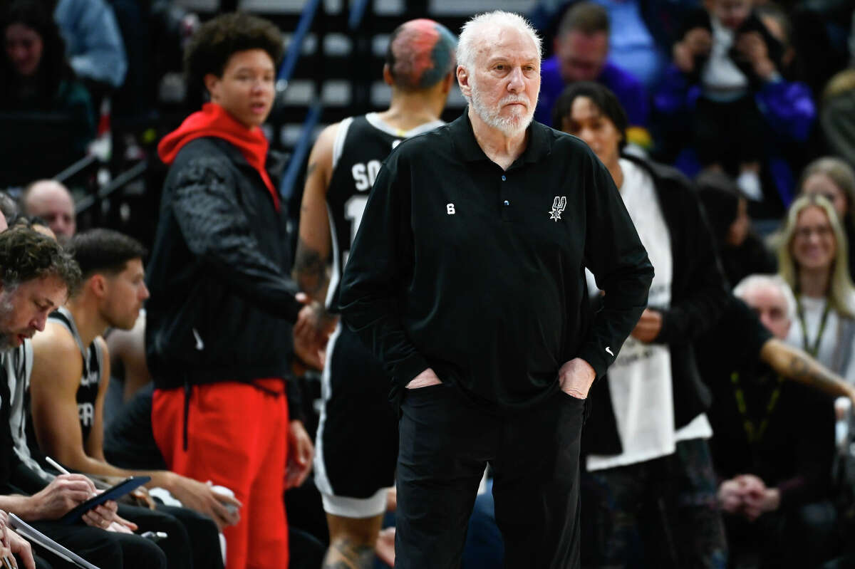 San Antonio Spurs head coach Gregg Popovich looks on during the second half of a game against the Utah Jazz at Vivint Arena on February 28, 2023 in Salt Lake City, Utah. 