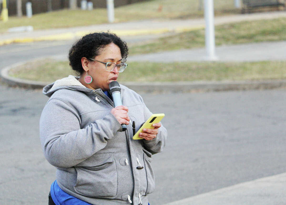 Middletown Public Schools parent Diana Martinez spoke about the Middletown charter school at Tuesday night's meeting. Here, she speaks during a Feb. 27 rally outside the former Connecticut Juvenile Training School.