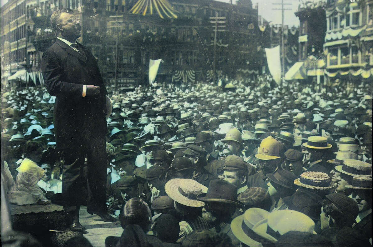 President Theodore Roosevelt speaks a crowd gathered in Massachusetts.