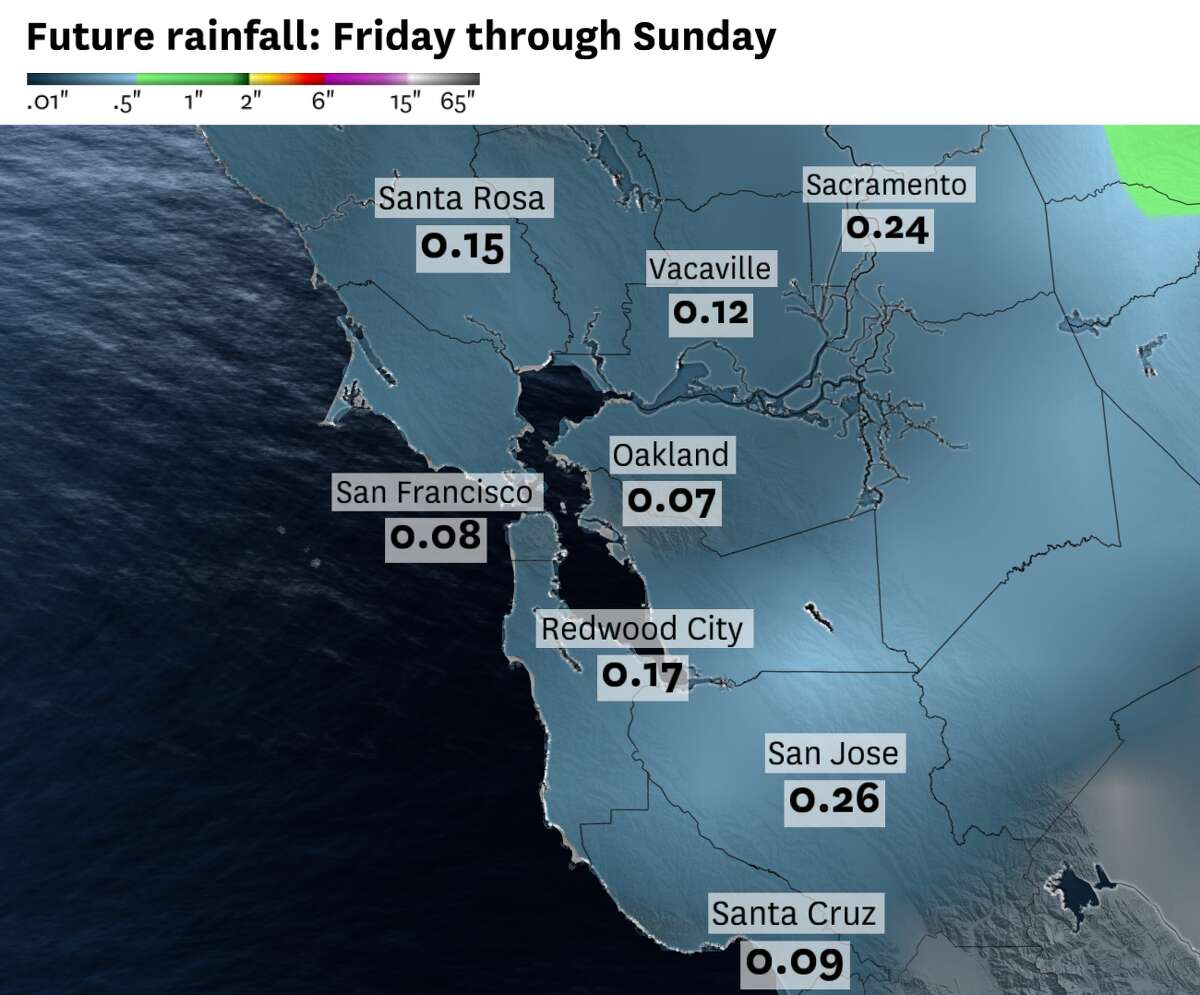 预计周五至周日湾区和萨克拉门托山谷北部的降雨总量，周末大部分地区的降雨量将达到百分之几英寸到四分之一英寸。登录必赢亚洲