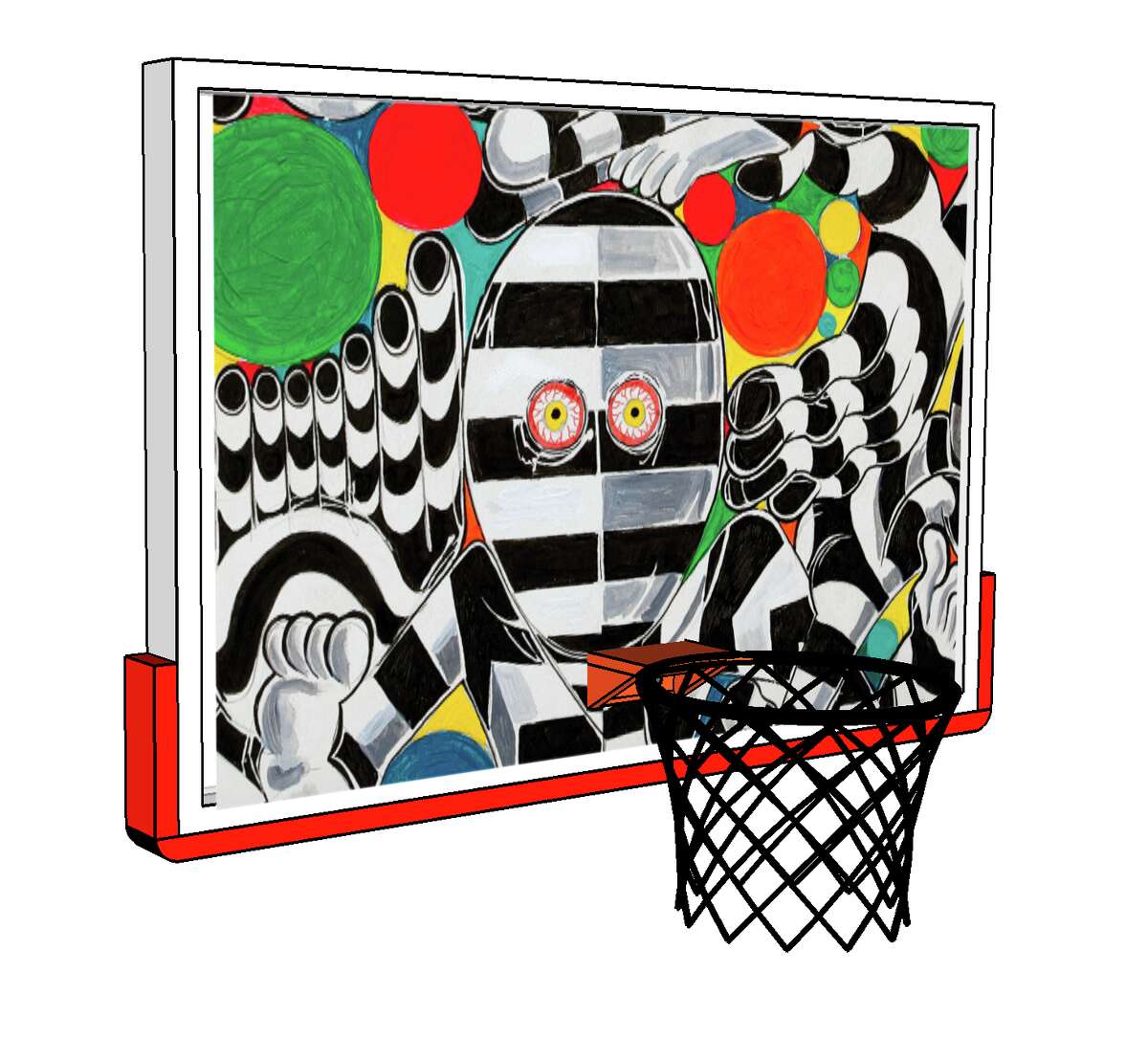 Houston-based artist Trenton Doyle Hancock has designed the backboards, basketball, court, and special rules for CAMH's surrealistic, playable basketball court.