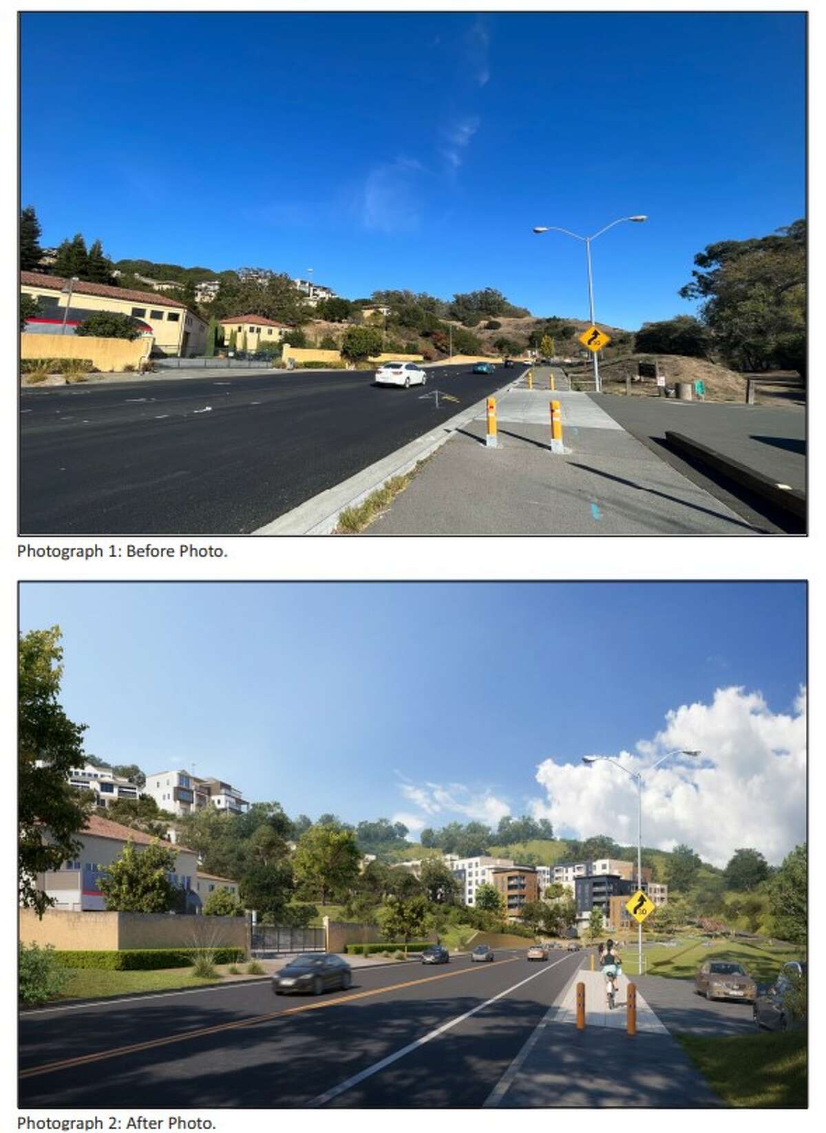 Before-and-after rendering photos show the approach from the east on Sir Francis Drake Boulevard to Oak Hill Apartments, a proposed affordable housing development in Marin County.