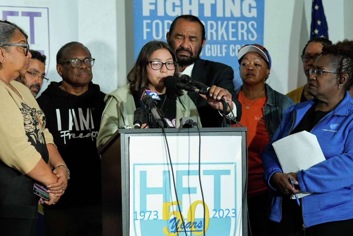 Westbury High School Freshman Eileen Reyes speaks against the school district takeover during a press conference with elected officials, members of Houston Federal of Teachers, parents and students Wednesday, March 15, 2023, in Houston. Many criticized the takeover as a power play and the process undemocratic.