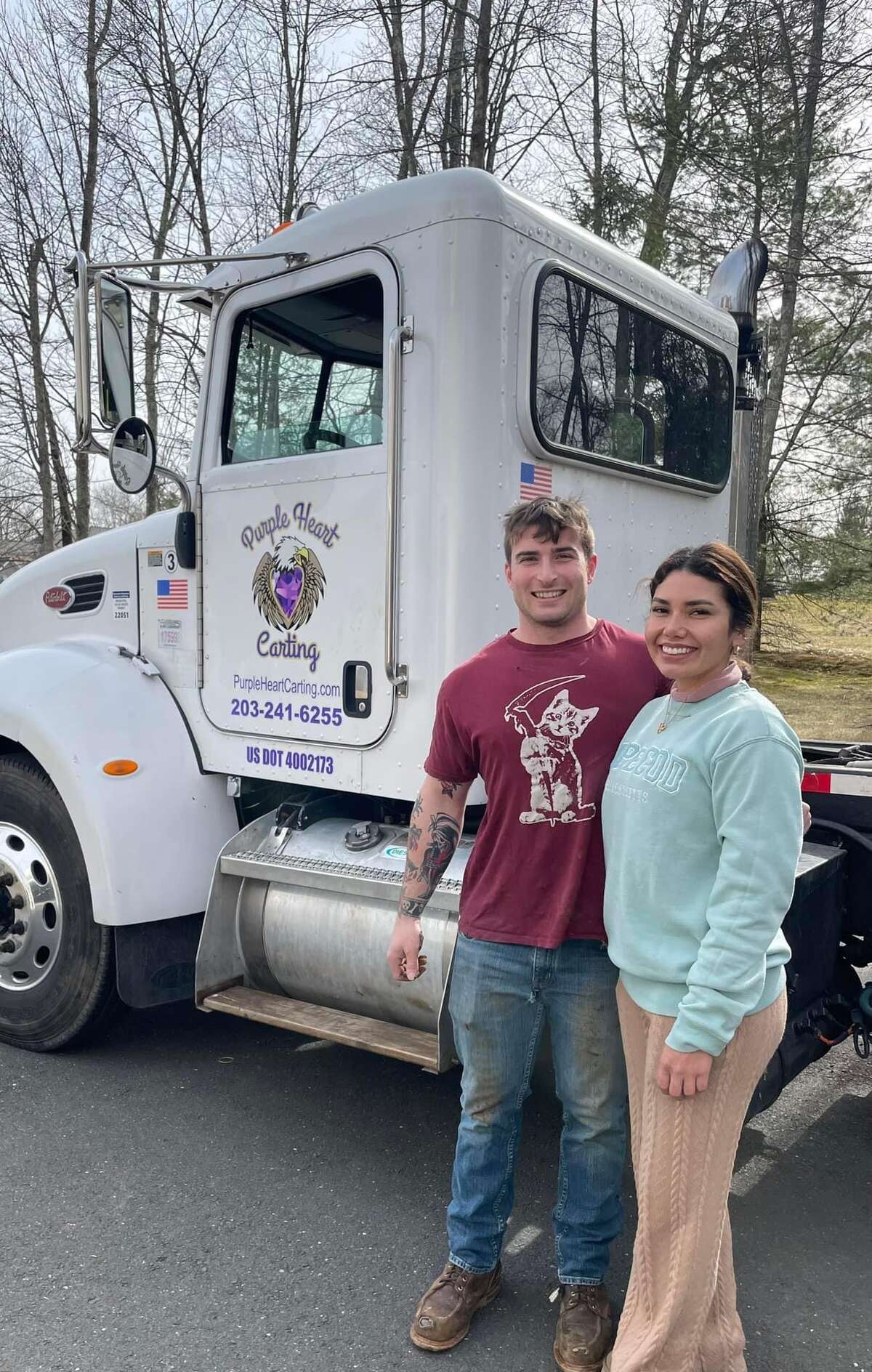 Jake Sweeney and his wife Pierina Cappelletti are the owners of Purple Heart Carting, a trash-hauling pickup company and more.