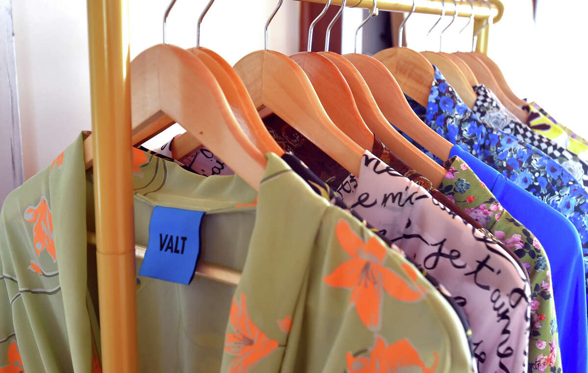 Clothing designer Ashley Alt's creations on display at her home in Ridgefield, Conn., on Wednesday March 15, 2023. The brand is called Valt. Alt's fashionable bathrobes and other types of robe wear are custom made.