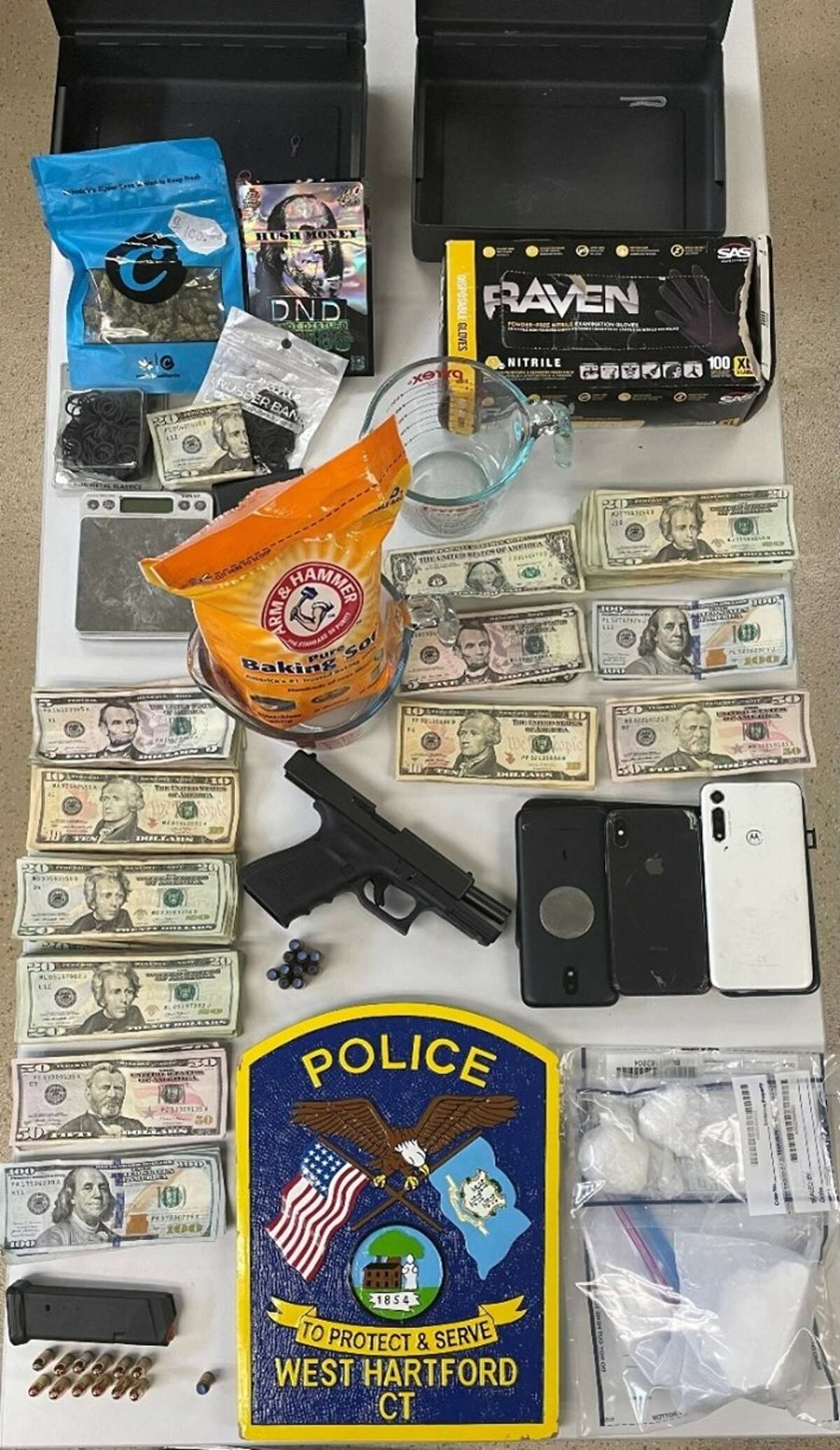 Tylon Butler, 36, of Hartford, was arrested around noon Wednesday after patrol officers discovered drugs, ammunition, a loaded handgun and other illegal and/or suspicious items inside a stolen car he was driving, according to West Hartford police.