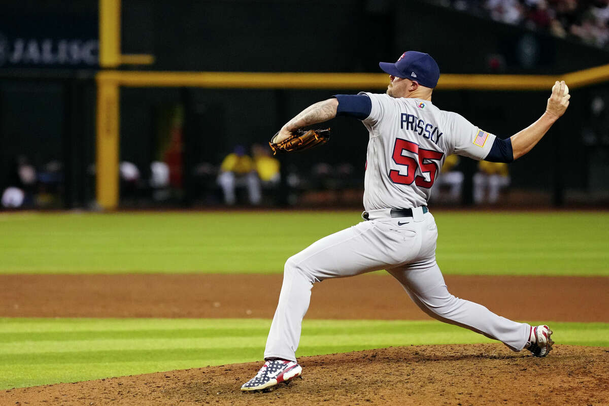 PHOENIX, AZ - MARCH 15: Ryan Pressly #55 of Team USA pitches during Game 10 of Pool C between Team USA and Team Colombia at Chase Field on Wednesday, March 15, 2023 in Phoenix, Arizona. (Photo by Daniel Shirey/WBCI/MLB Photos via Getty Images)