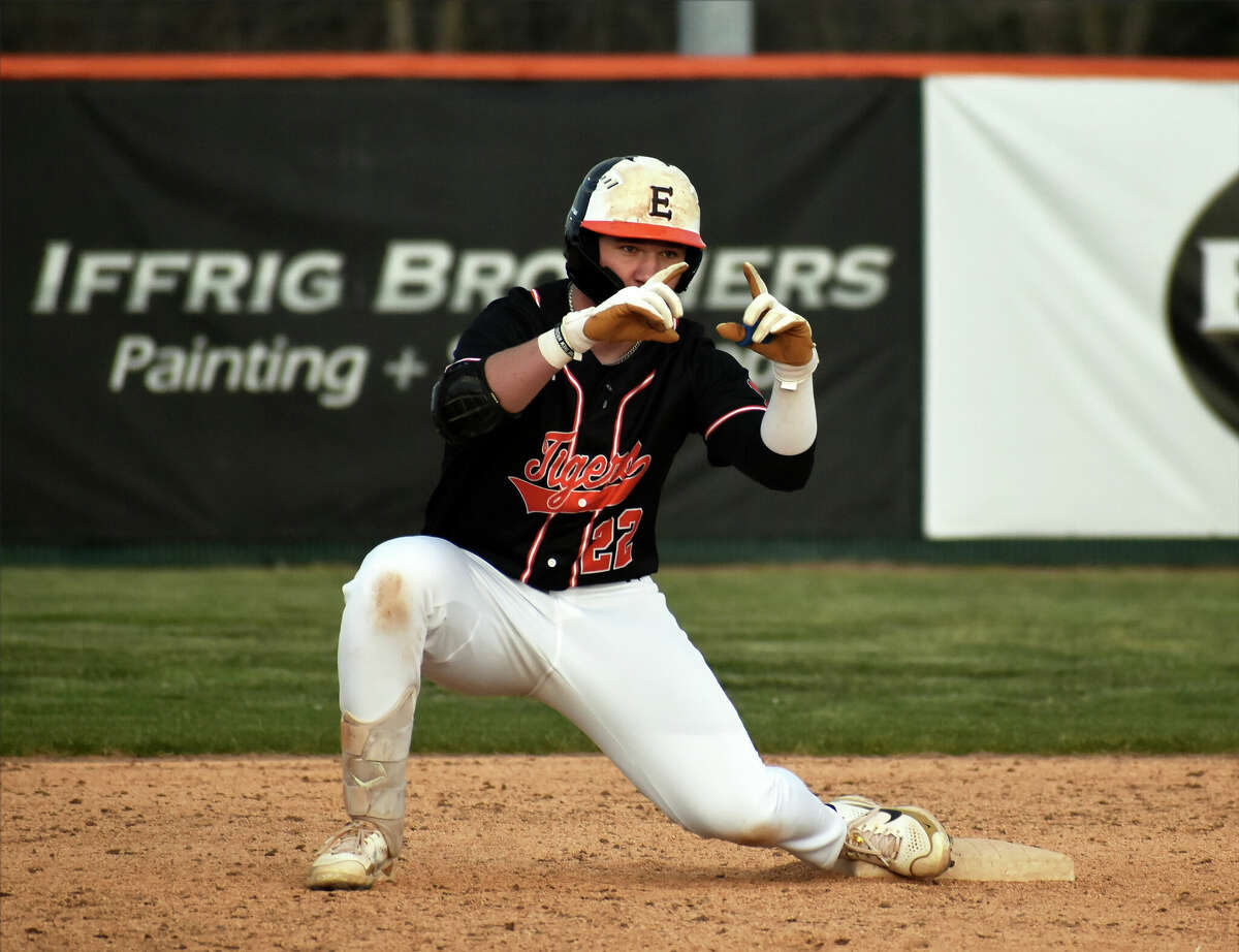 Edwardsville's Riley Iffrig celebrates his two-run, walk-off double in the fifth inning against St. Joseph-Ogden on Wednesday at Tom Pile Field in Edwardsville.