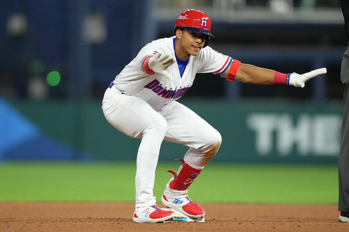 Jeremy Pena of the Dominican Republic celebrates after hitting a double in the seventh inning against Israel at loanDepot park on March 14, 2023 in Miami, Florida.
