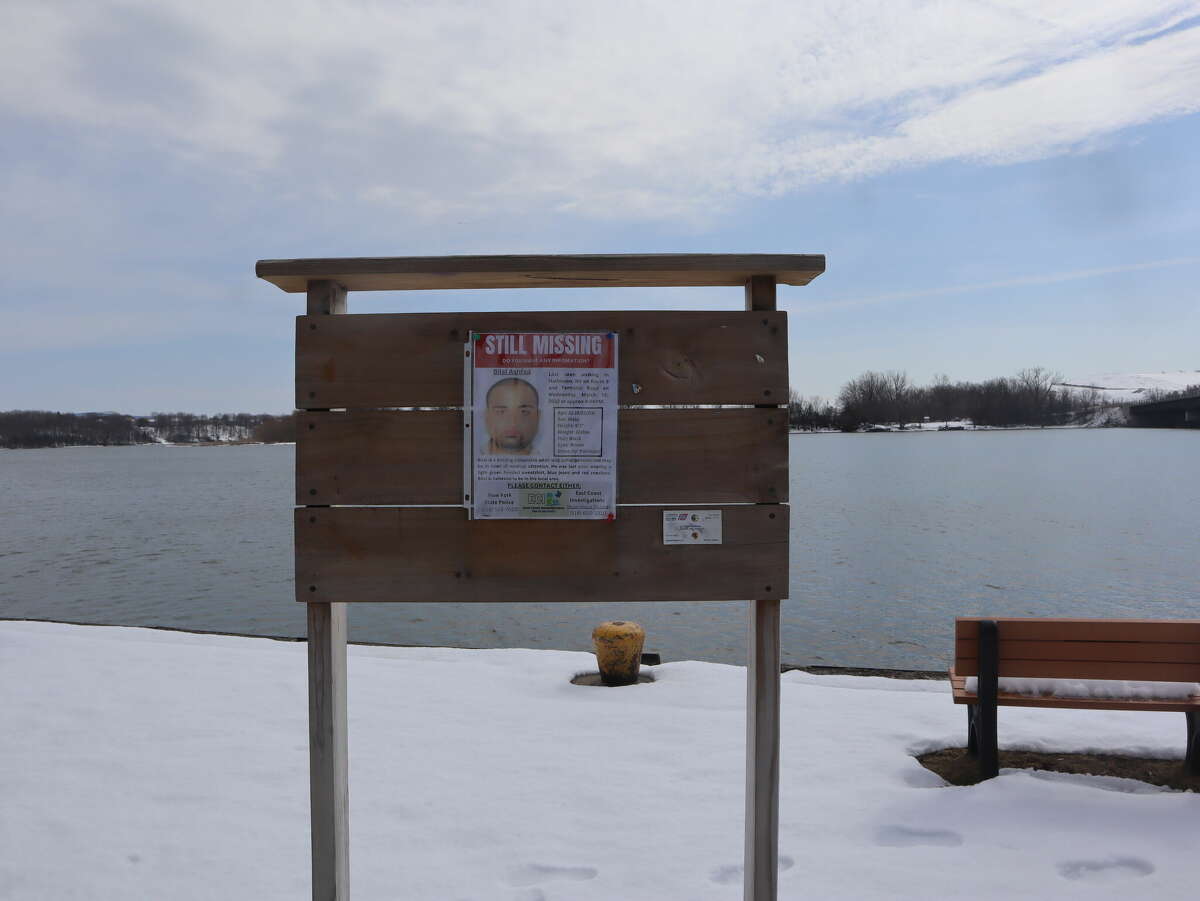 A sign posted on a bulletin board with information about Bilal Ashfaq Thursday, March 16, 2023 at Crescent Park. The Halfmoon man was last seen near the park a year ago.