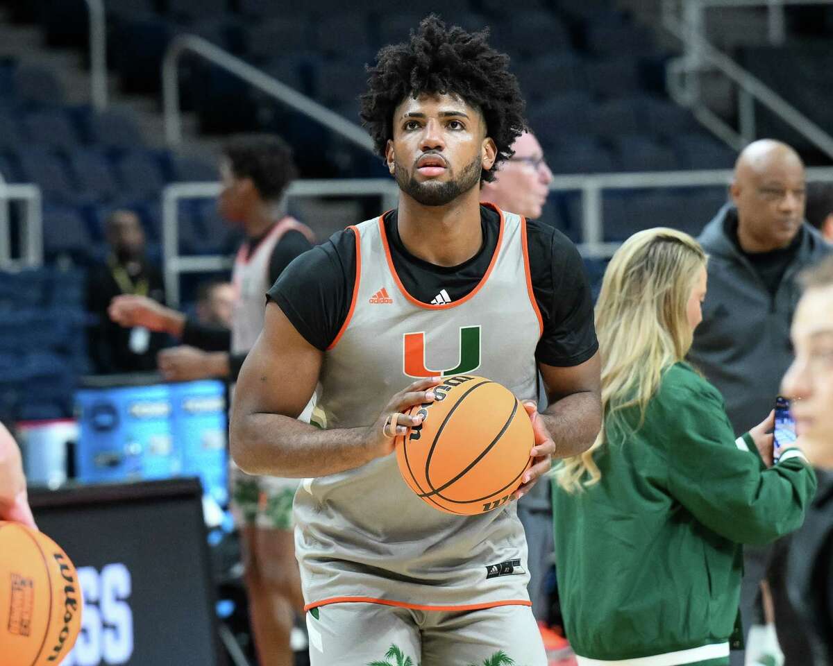 Miami sophomore Norchad Omier during an open practice prior to the NCAA tournament on Thursday, March 16, 2023. Omier had 12 points and 14 rebounds against Drake on Friday.