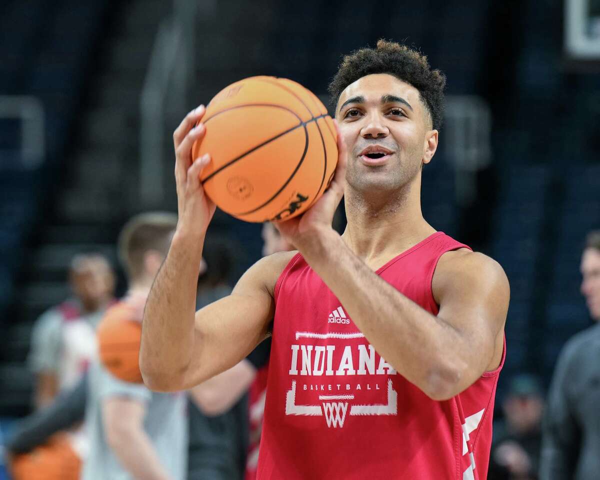 Indiana senior Trayce Jackson-Davis during an open practice prior to the NCAA tournament on Thursday, March 16, 2023, at MVP Arena. Jackson-Davis leads the Hoosiers offense, averaging 20.8 points per game.