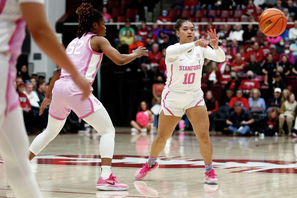 Stanford Cardinal guard Talana Lepolo (10) passes against the USC Trojans in the first half of an NCAA women’s basketball game at Maples Pavilion in Stanford, Calif., Friday, Feb. 17, 2023.