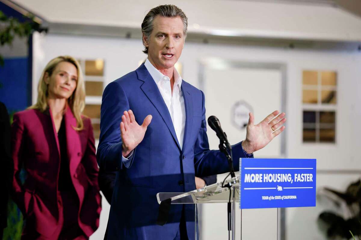 California Gov. Gavin Newsom during his statewide tour that kicked off at Cal Expo, Thursday, March 16, 2023, in Sacramento. The governor announced a plan to build approximately 1,200 tiny homes throughout the state in an attempt to reduce homelessness.