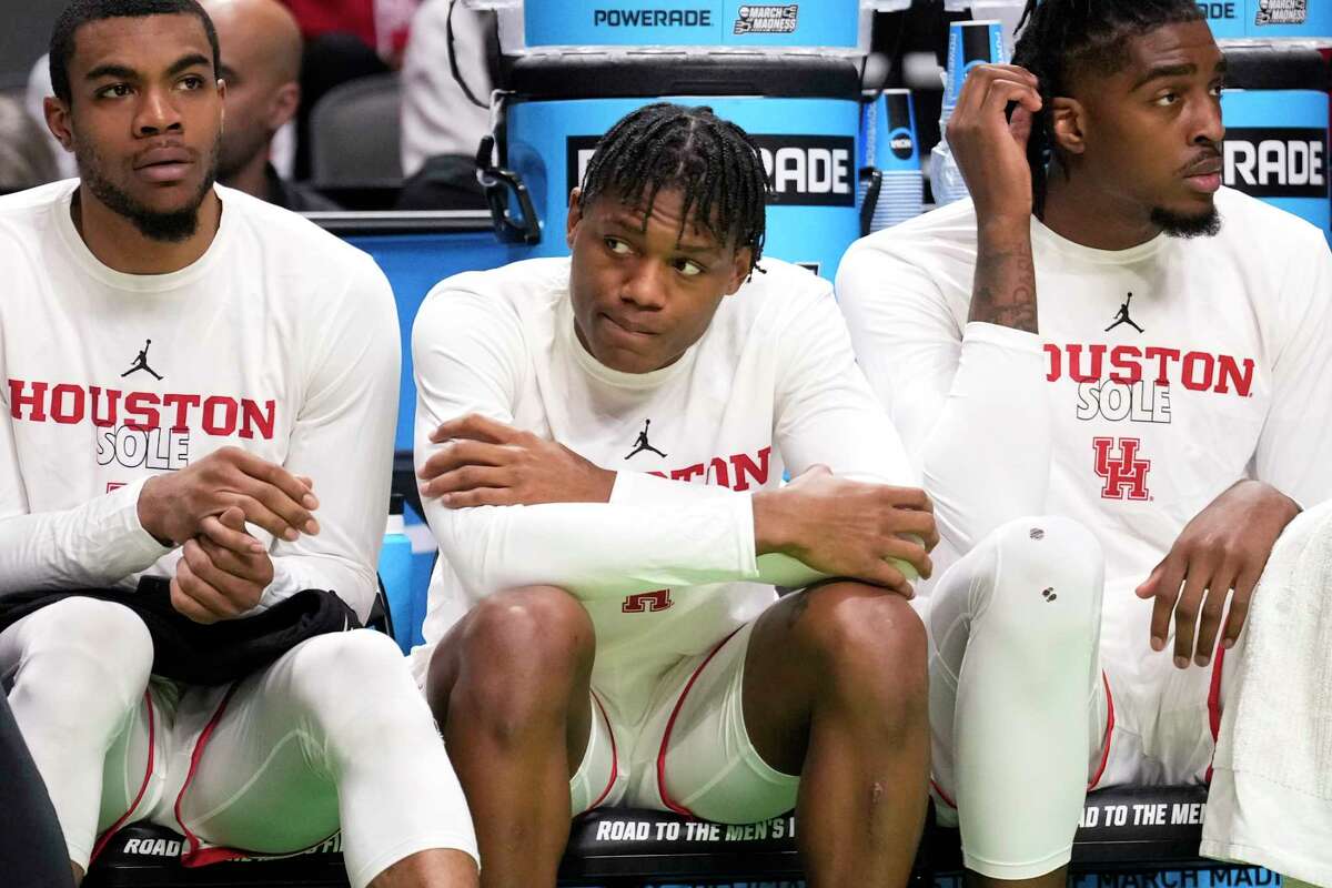 Houston guard Marcus Sasser sits on the bench after coming out of the locker room for the second half of a first-round college basketball game against Northern Kentucky in the NCAA Tournament on Thursday, March 16, 2023, in Birmingham, Ala. Sasser aggravated his groin injury and didn’t play in the second half.
