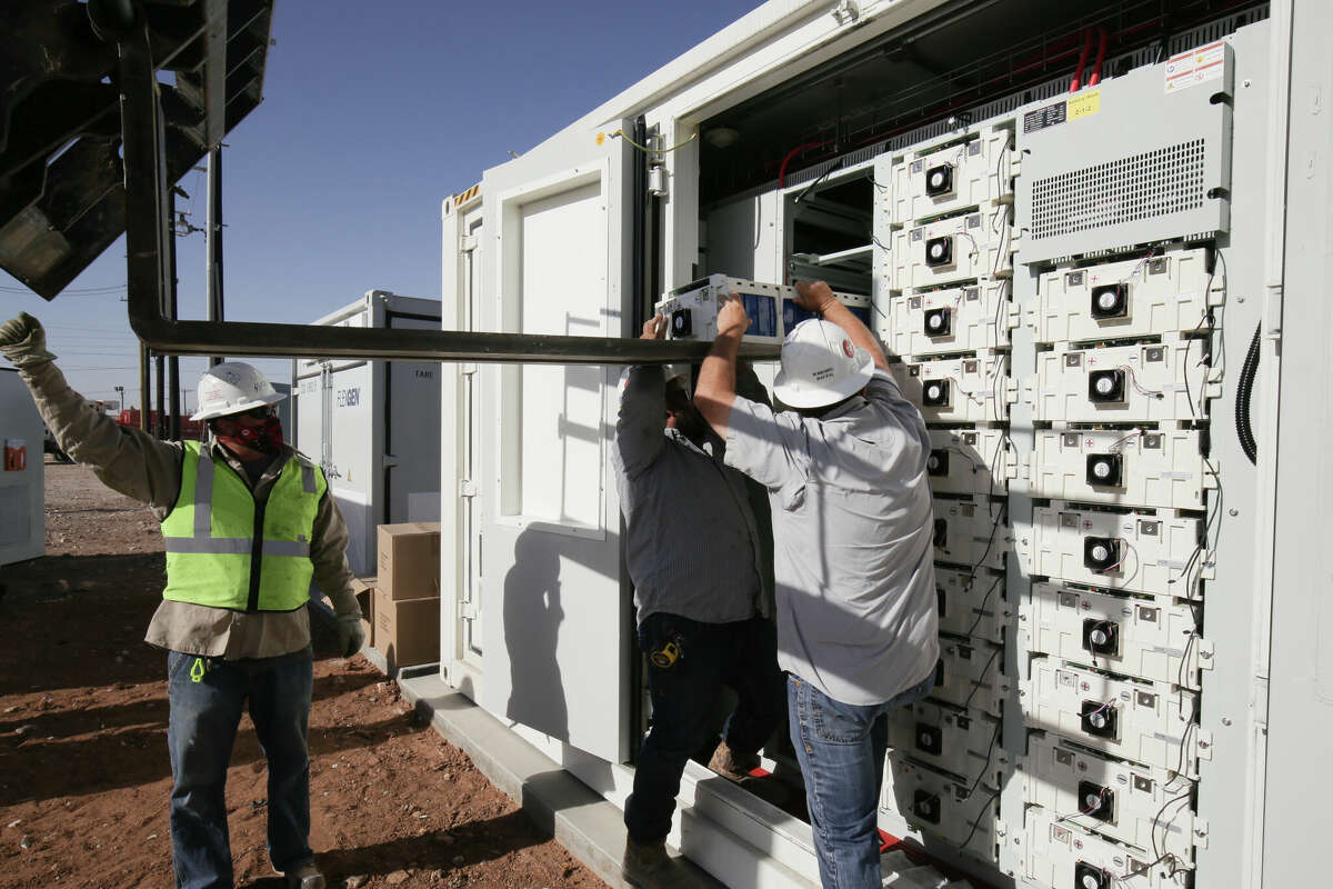A utility-scale battery storage system in Odessa, Texas, operated by Broad Reach Power. Battery storage systems can be used to provide short-term boosts of power during outages and when power from renewable sources wanes, such as solar panels during evening hours. 