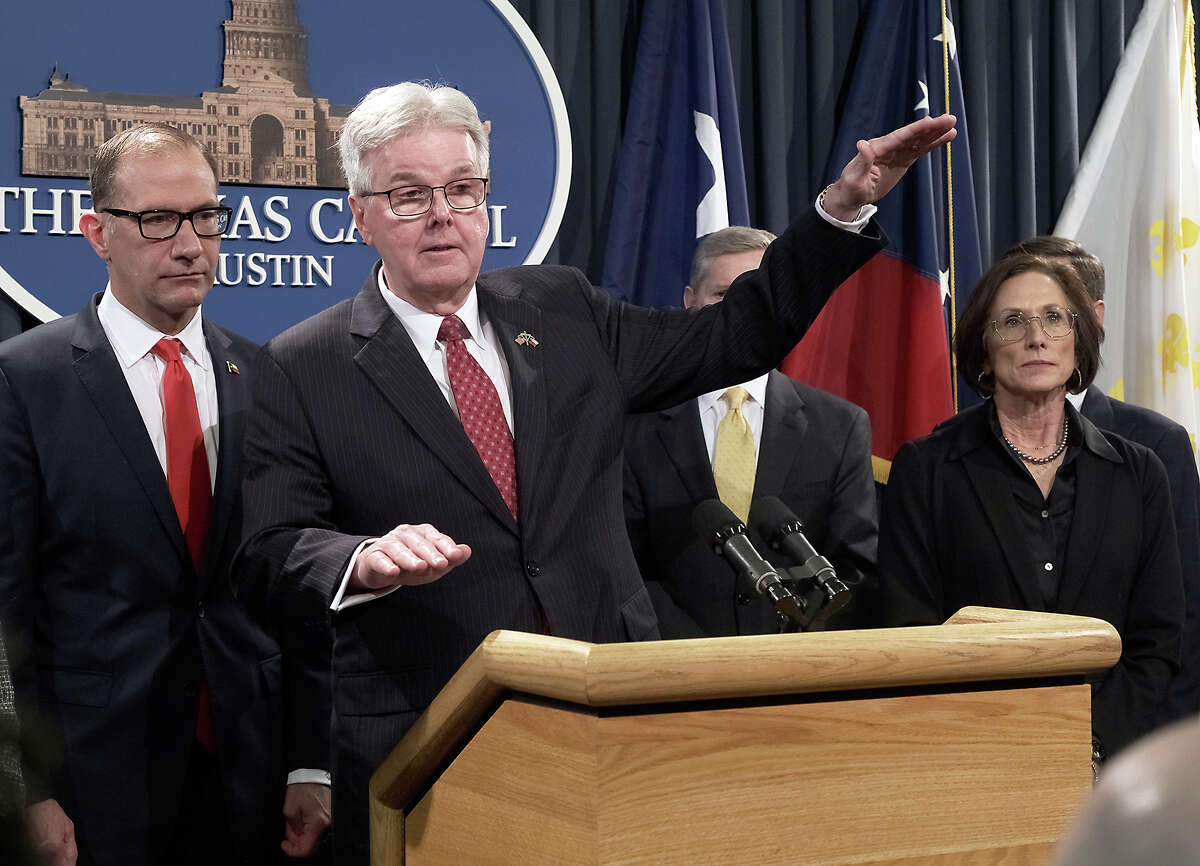 Lt. Gov. Dan Patrick and Sen. Charles Schwertner, R-Georgetown with other lawmakers hold a press conference to discuss Texas energy bills in the works in the senate at the Texas State Capitol, Austin, TX Wednesday March 9, 2023.