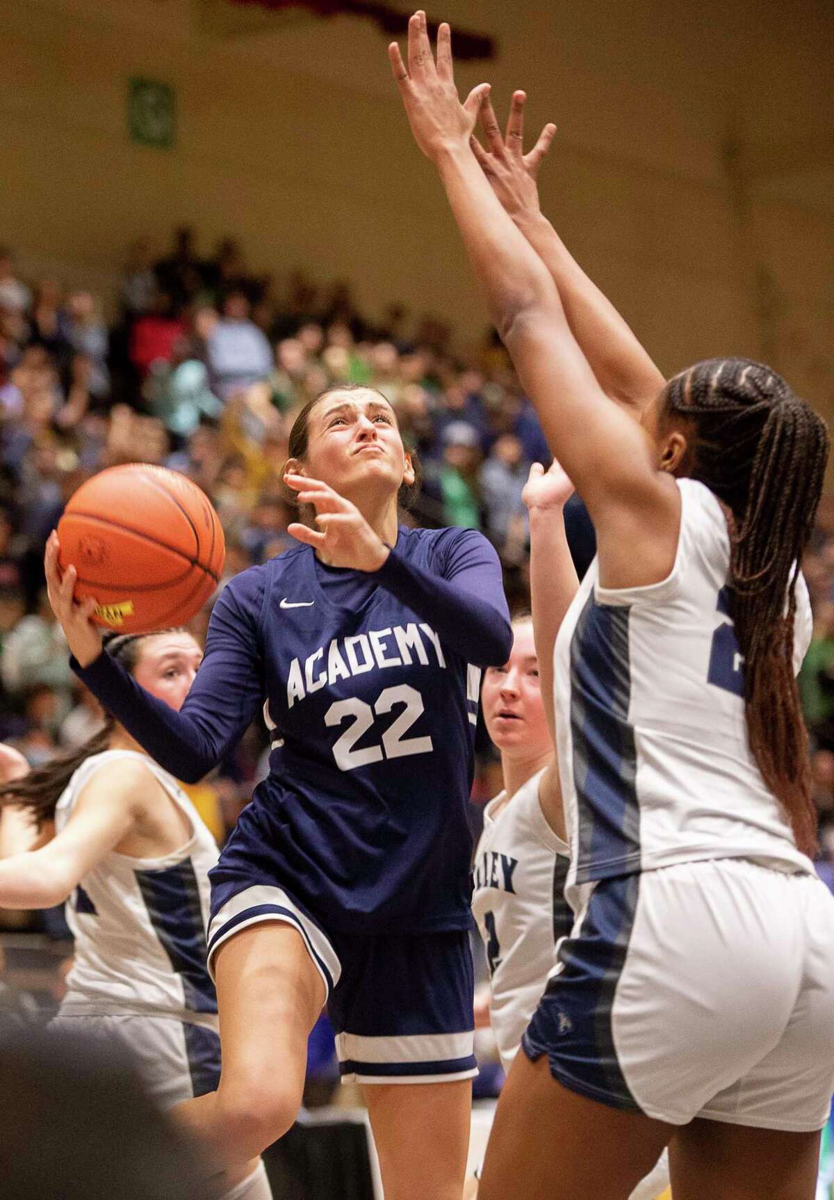 Putnam Valley’s Simone Gabriel pressures Albany Academy for Girls’ Erin Huban during the Class B Girls State Semifinal on Friday, Mar. 17, 2023, at McDonough Sports Complex in Troy, N.Y. (Jenn March, Special to the Times Union)