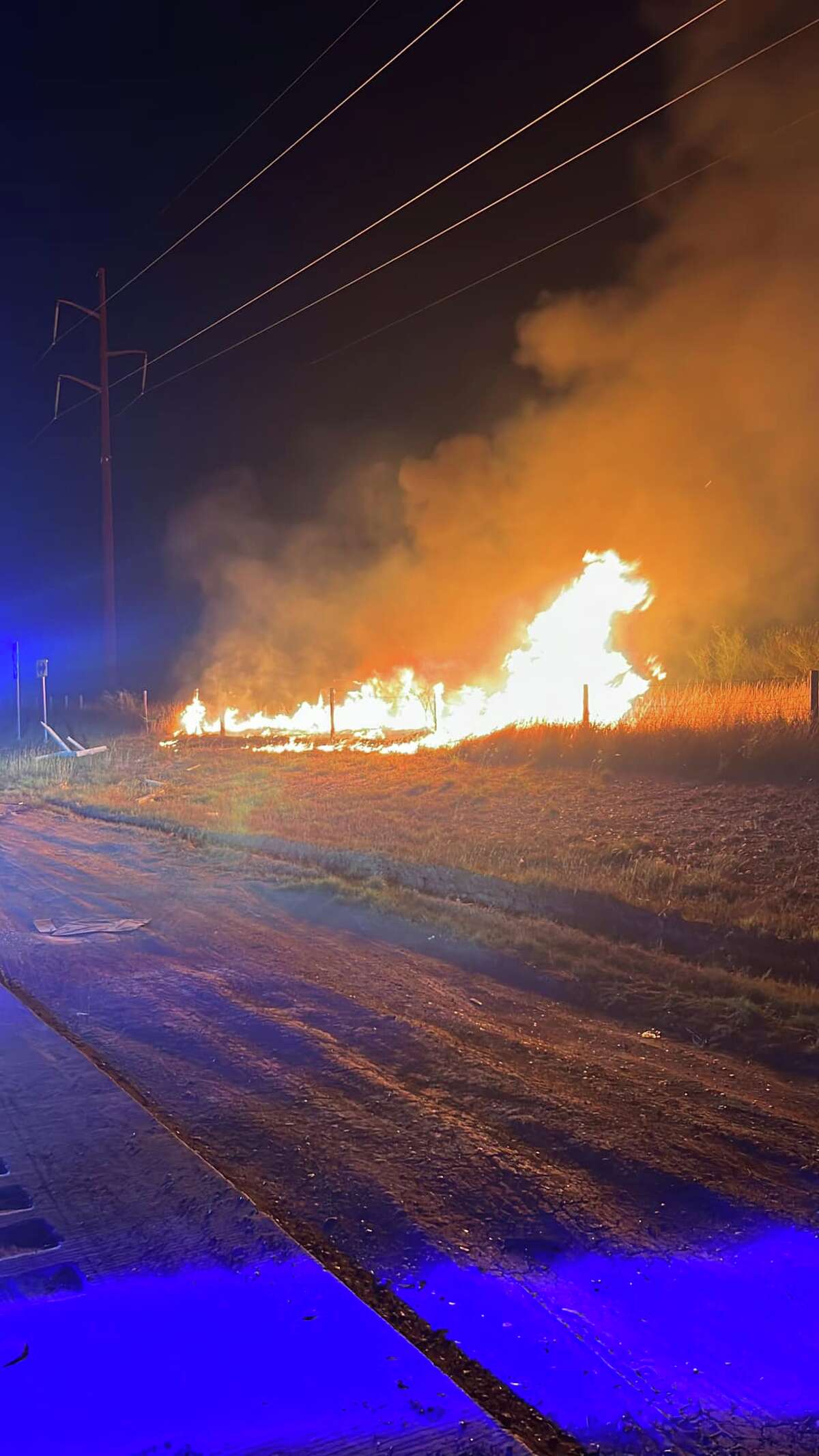 A stolen car caught on fire after a vehicle pursuit by the Encinal Police Department around mile marker 63 of Interstate Highway 35 on Sunday, March 12, 2023.
