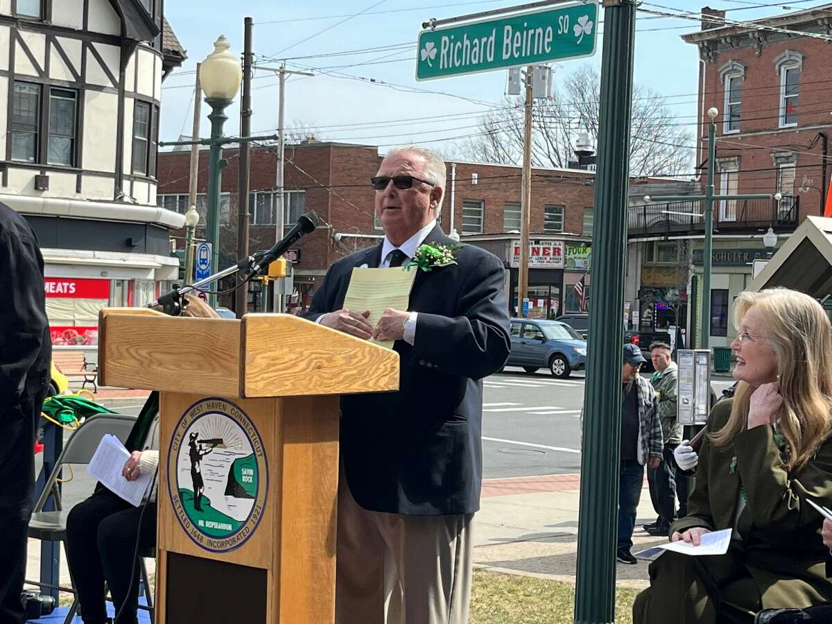 Richard "Woody" Beirne, West Haven's 30th annual Irishman of the Year, addresses the St. Patrick's Day celebration crowd on March 27, 2023.