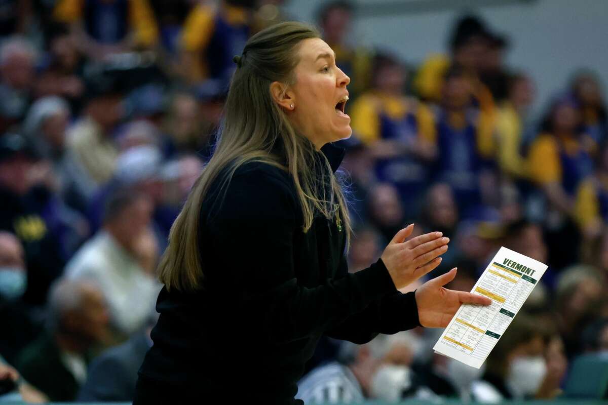 Vermont head coach Alisa Kresge during the first half of an NCAA college basketball game against Albany in the final of the America East Conference Tournament, Friday, March 10, 2023, in Burlington, Vt. (AP Photo/Michael Dwyer)