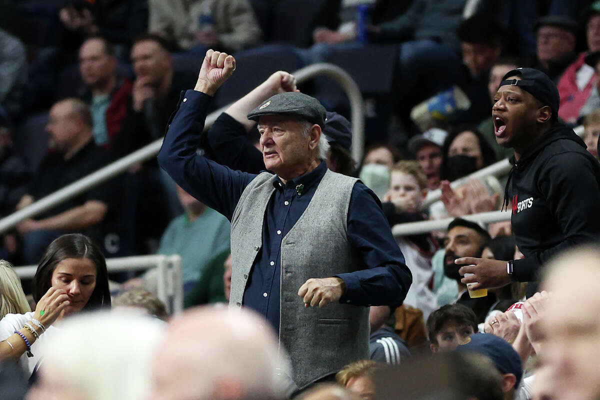 ALBANY, NEW YORK - MARCH 17: Bill Murray looks on during the first round game between the Connecticut Huskies and the Iona Gaels of the NCAA Men's Basketball Tournament at MVP Arena on March 17, 2023 in Albany, New York. 