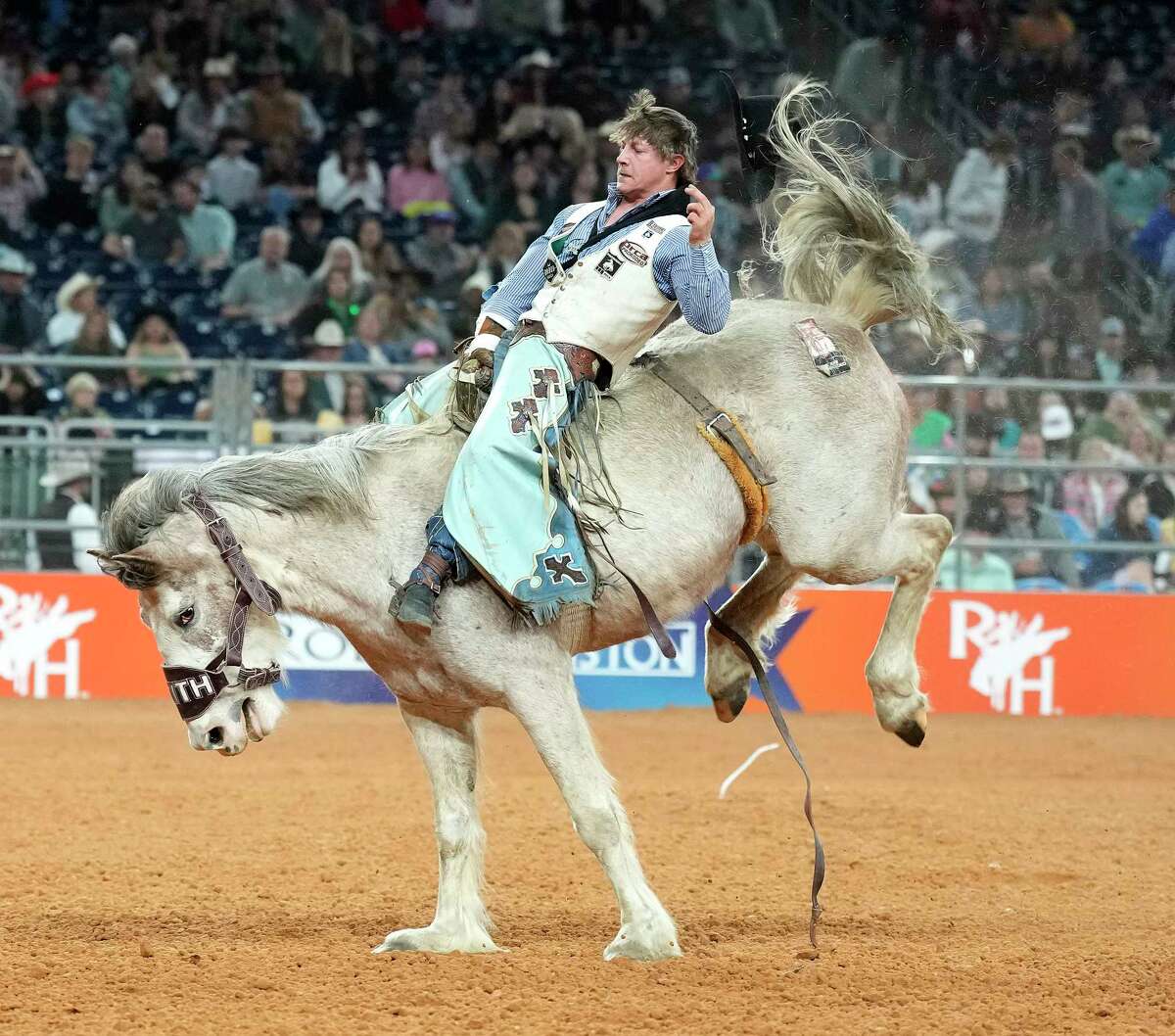 Keenan Hayes rides Girl Crush in the bareback riding competition during Wildcard 1 of Rodeo Houston at the Houston Livestock Show and Rodeo at NRG Stadium on Friday, March 17, 2023 in Houston.