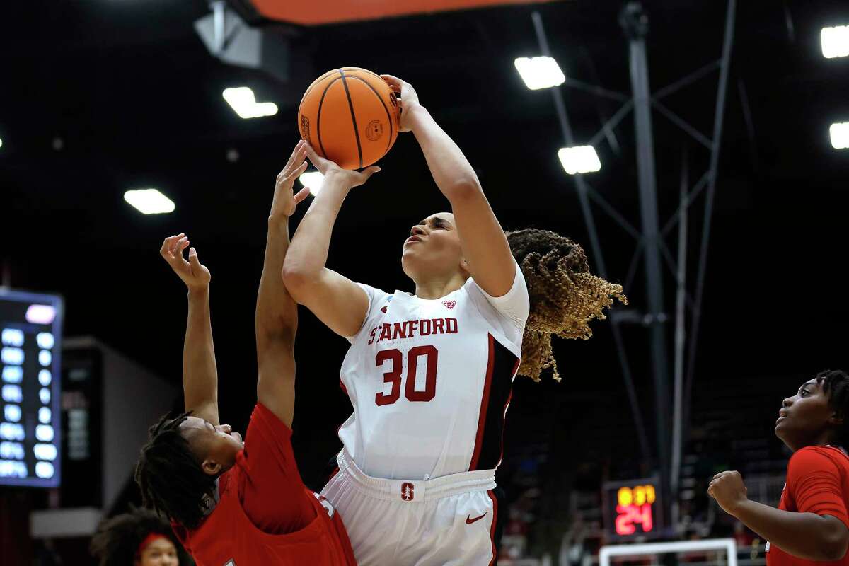 Stanford guard Haley Jones (30) shoots against Sacred Heart guard Ny'Ceara Pryor during the first half of a first-round college basketball game in the women's NCAA Tournament in Stanford, Calif., Friday, March 17, 2023.