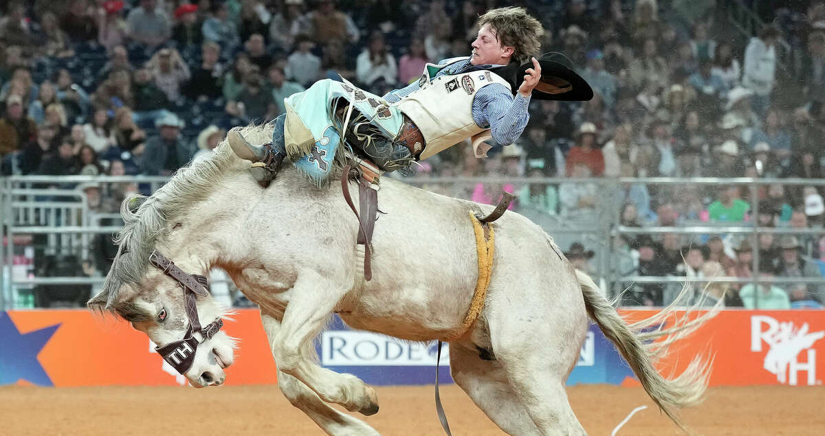 Keenan Hayes rides Girl Crush in the bareback riding competition during Wildcard 1 of Rodeo Houston at the Houston Livestock Show and Rodeo at NRG Stadium on Friday, March 17, 2023 in Houston.