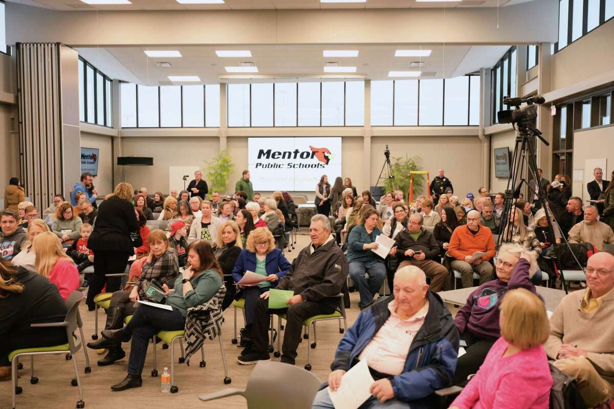 A packed regular monthly school board meeting in Mentor, Ohio, on March 14.
