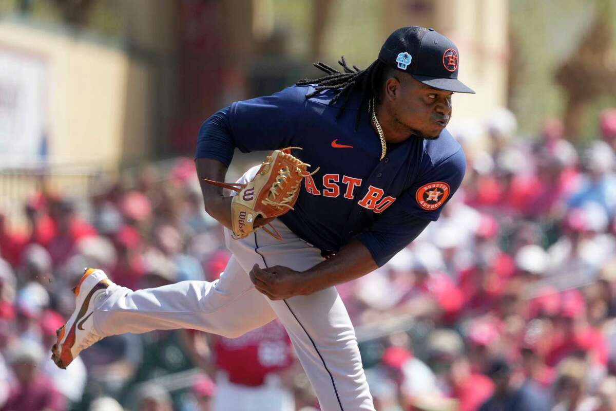 Houston Astros pitcher Framber Valdez throws during the first inning of a spring training baseball game against the St. Louis Cardinals Thursday, March 2, 2023, in Jupiter, Fla. (AP Photo/Jeff Roberson)